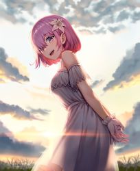 Rule 34 | 1girl, bare shoulders, dress, fate/grand order, fate (series), flower, gloves, hair flower, hair ornament, highres, looking at viewer, looking back, mash kyrielight, mash kyrielight (formal dress), off-shoulder dress, off shoulder, official alternate costume, open mouth, outdoors, pink hair, popuru, purple eyes, short hair, sky, smile, solo, white dress, white gloves