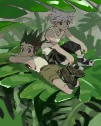 Rule 34 | 2boys, absurdres, black eyes, black hair, child, gon freecss, green theme, highres, hunter x hunter, killua zoldyck, looking back, lying, male focus, mito tomiko, multiple boys, nature, on stomach, outdoors, plant, shoes, shorts, sitting, sleeveless, spiked hair, white hair