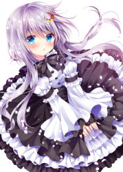 Rule 34 | 10s, 1girl, :o, black bow, black bowtie, black ribbon, blue eyes, blush, bow, bowtie, crescent, crescent hair ornament, dress, dutch angle, floating hair, frilled dress, frilled shirt collar, frilled sleeves, frills, gothic lolita, hair between eyes, hair ornament, kantai collection, layered skirt, lolita fashion, long hair, long sleeves, looking at viewer, nogi takayoshi, parted lips, petals, puffy long sleeves, puffy sleeves, ribbon, short hair with long locks, silver hair, simple background, skirt, solo, too many, too many frills, v arms, white background, yayoi (kancolle)