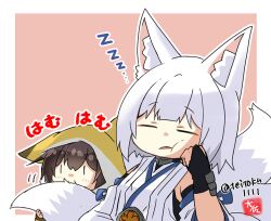 Rule 34 | 2girls, alternate costume, animal costume, animal ear fluff, animal ears, arm support, azur lane, biting, black gloves, black hair, blunt bangs, bridal gauntlets, closed eyes, commentary request, crossover, detached sleeves, eyeshadow, fox costume, fox ears, fox girl, fox tail, gloves, hair between eyes, historical name connection, japanese clothes, kaga (battleship) (azur lane), kaga (kancolle), kantai collection, kitsune, kyuubi, long hair, long sleeves, makeup, multiple girls, multiple tails, name connection, short hair, sidelocks, signature, simple background, sleeping, tail, taisa (kari), translation request, twitter username, two-tone background, white hair, wide sleeves, zzz