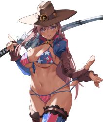 Rule 34 | 1girl, absurdres, american flag bikini, american flag print, bikini, blue eyes, blush, breasts, cleavage, cowboy hat, fate/grand order, fate (series), fingerless gloves, flag print, fromgod jungle, gloves, gunblade, hat, highres, large breasts, long hair, looking at viewer, miyamoto musashi (fate), miyamoto musashi (fate/grand order), miyamoto musashi (swimsuit berserker) (fate), miyamoto musashi (swimsuit berserker) (second ascension) (fate), navel, pink hair, print bikini, simple background, smile, solo, strap pull, swept bangs, swimsuit, weapon, white background
