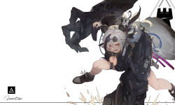 Rule 34 | 1girl, animal ears, arknights, bare legs, black dress, black footwear, black hair, breasts, character name, china dress, chinese clothes, cleavage, cleavage cutout, clothing cutout, commentary, cross-laced footwear, dress, eyewear on head, feater (arknights), floating hair, full body, hair between eyes, highres, jacket, kuroduki (pieat), large breasts, looking at viewer, mechanical arms, medium hair, multicolored hair, open clothes, open jacket, open mouth, orange eyes, panda ears, rhodes island logo (arknights), round eyewear, shoes, silver hair, simple background, skindentation, sneakers, solo, spread legs, standing, streaked hair, sunglasses, thigh strap, thighs, twintails, two-tone hair, white background, white jacket