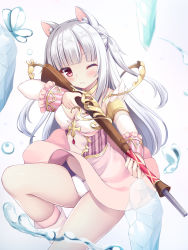 Rule 34 | 1girl, absurdres, aiming, animal ear fluff, animal ears, blunt bangs, blush, boots, bow, bow panties, breasts, cleavage, closed mouth, commentary request, copyright request, dress, gradient background, grey background, gun, highres, holding, holding gun, holding weapon, ice crystal, long hair, medium breasts, one eye closed, one side up, panties, pink dress, pink socks, red eyes, rifle, sakuraba hikaru (loveindog), silver hair, socks, solo, transparent, underwear, very long hair, weapon, weapon request, white background, white footwear, white panties, wrist cuffs
