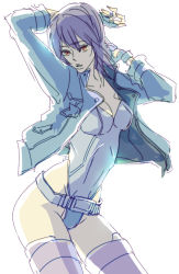 Rule 34 | 1girl, arms up, belt, breasts, cleavage, female focus, fingerless gloves, ghost in the shell, ghost in the shell stand alone complex, gloves, jacket, kusanagi motoko, leotard, orange eyes, purple hair, short hair, simple background, solo, soramame (tion), thighhighs, white background