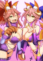 Rule 34 | 10s, 2girls, @ @, animal ears, armor, bikini armor, breast press, breasts, choi kada, cleavage, collarbone, cosplay, demon girl, demon horns, demon tail, demon wings, fangs, fate/extra, fate/grand order, fate (series), fox ears, fox tail, fur, fur-trimmed gloves, fur-trimmed legwear, fur trim, gloves, halloween costume, horns, irisviel von einzbern, irisviel von einzbern (cosplay), irisviel von einzbern (halloween princess), large breasts, looking at viewer, mash kyrielight, mash kyrielight (dangerous beast), mash kyrielight (dangerous beast) (cosplay), multiple girls, o-ring, o-ring top, official alternate costume, open mouth, pink hair, ribbon, shielder (fate/grand order) (cosplay), symmetrical docking, tail, tamamo (fate), tamamo cat (fate), tamamo no mae (fate/extra), thighhighs, underwear, wings, yellow eyes, yoroi kabuto