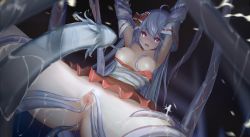 Rule 34 | 1girl, ahoge, arms up, bad id, bad pixiv id, blue hair, blush, bow, breasts, detached sleeves, hair bow, highres, imminent penetration, imminent vaginal, long hair, looking at viewer, medium breasts, motion blur, nipple stimulation, nipple tweak, nipples, no panties, open mouth, original, purple eyes, pussy, restrained, skirt, slime (substance), solo, spread legs, spread pussy, tentacles, virtual youtuber, wangchuan de quanyan
