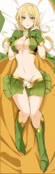 Rule 34 | 1girl, bad id, bad pixiv id, bed, bed sheet, blonde hair, boots, breasts, cape, cleavage, crop top, doko tetora, female focus, gloves, green gloves, green skirt, hand on own chest, large breasts, long hair, looking at viewer, lying, midriff, miniskirt, navel, on back, open clothes, original, parted lips, skirt, solo, yellow eyes