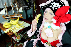 Rule 34 | 1girl, banana, breasts, captain liliana, captain liliana (cosplay), chouzuki maryou, cosplay, food, fruit, hat, large breasts, photo (medium), pink hair, pirate, pirate hat, plump, purple eyes, queen&#039;s blade, queen&#039;s blade lost worlds, queen&#039;s blade rebellion, sexually suggestive