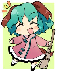 Rule 34 | 1girl, ^ ^, animal ears, black footwear, border, broom, brown dress, closed eyes, closed mouth, dog ears, dog tail, dress, facing viewer, fang, full body, green background, green hair, highres, holding, holding broom, ini (inunabe00), kasodani kyouko, long sleeves, open mouth, short hair, simple background, smile, solo, tail, touhou, white border, white legwear