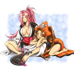 Rule 34 | 2girls, ahomira, amputee, arc system works, baiken, barefoot, black cat, black legwear, breasts, brown eyes, brown hair, cat, facial tattoo, feet, guilty gear, hat, japanese clothes, kimono, large breasts, long hair, may (guilty gear), multiple girls, obi, one-eyed, open clothes, open kimono, orange hat, pink eyes, pink hair, pirate, pirate hat, ponytail, sash, scar, scar across eye, scar on face, skull and crossbones, sleeping, tattoo, very long hair