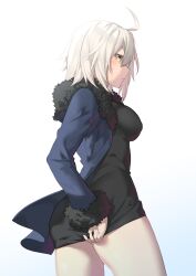 Rule 34 | 1girl, ahoge, ass, black dress, blue jacket, blush, breasts, commentary request, cowboy shot, dress, dress tug, fate/grand order, fate (series), fur-trimmed jacket, fur trim, highres, itohana, jacket, jeanne d&#039;arc alter (fate), jeanne d&#039;arc alter (ver. shinjuku 1999) (fate), large breasts, looking at viewer, medium breasts, official alternate costume, open clothes, open jacket, short dress, short hair, solo, sweatdrop, white hair, yellow eyes