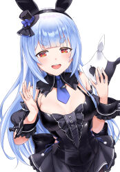 Rule 34 | 1girl, animal ears, bare shoulders, black dress, black hairband, black headwear, blue necktie, blunt bangs, breasts, center frills, cleavage, commentary, detached collar, dress, fake animal ears, frilled dress, frills, hairband, hat, highres, holding, holding mask, hololive, leeshin0919, looking at viewer, mask, unworn mask, mini hat, mini top hat, necktie, open mouth, pleated dress, puffy short sleeves, puffy sleeves, rabbit-shaped pupils, rabbit ears, rabbit mask, red eyes, short dress, short necktie, short sleeves, sidelocks, sleeveless, sleeveless dress, small breasts, solo, strap lift, symbol-shaped pupils, teeth, thick eyebrows, tie clip, top hat, upper teeth only, usada pekora, usada pekora (furi furi bunny dress), v-shaped eyebrows, virtual youtuber