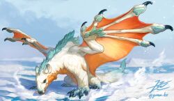 Rule 34 | animal focus, artist name, black eyes, blue sky, claws, day, full body, looking at viewer, monster, no humans, original, outdoors, scales, signature, sky, snow, solo, tail, tusks, twitter username, water, white fur, wings, yamamura le