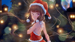 Rule 34 | 1girl, artist name, backless dress, backless outfit, bad id, bad pixiv id, balloon, bare shoulders, black hair, blend s, blush, bow, christmas, christmas tree, closed mouth, dated, dress, finger to mouth, from side, gloves, hair ornament, hat, highres, house, long hair, looking at viewer, looking to the side, low twintails, md5 mismatch, night, night sky, ogs (orgasm88), outdoors, purple eyes, red dress, red hat, resolution mismatch, sakuranomiya maika, santa costume, santa hat, shoulder blades, shushing, signature, sky, smile, solo, transparent, twintails, very long hair, white bow, white gloves, window