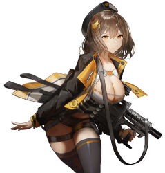 Rule 34 | 1girl, anis (nikke), beret, black jacket, black thighhighs, blush, breasts, brown hair, bullet, cleavage, feet out of frame, ganet p, goddess of victory: nikke, gun, gun sling, hat, highres, holding, holding gun, holding weapon, jacket, large breasts, looking at viewer, open clothes, open jacket, simple background, smile, solo, thigh strap, thighhighs, weapon, white background