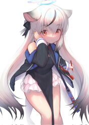 Rule 34 | 1girl, akuma (st.takuma), animal ears, bag, bare shoulders, blue archive, brown eyes, commentary request, dress, gradient hair, grey hair, hair between eyes, half updo, halo, highres, holding, holding pencil, kokona (blue archive), long hair, long sleeves, looking at viewer, multicolored hair, parted lips, pelvic curtain, pencil, shoulder bag, simple background, solo, striped clothes, striped dress, vertical-striped clothes, vertical-striped dress, very long hair, white background, white hair