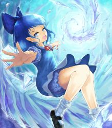 Rule 34 | 1girl, black footwear, bloomers, blue bloomers, blue bow, blue dress, blue eyes, blue hair, blue shirt, bow, bowtie, cirno, dress, floating, foreshortening, hair bow, highres, ice, knees together feet apart, looking at viewer, mary janes, medium hair, open hand, open mouth, outstretched arms, pinafore dress, pointy ears, puffy short sleeves, puffy sleeves, red bow, red bowtie, shirt, shoes, short sleeves, sleeveless dress, socks, solo, spread arms, teeth, touhou, umiya mizuki, underwear, upper teeth only, white socks