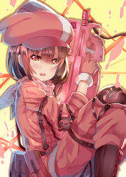 Rule 34 | 1girl, animal hat, arms up, bandana, blush, boots, brown footwear, brown hair, bullpup, cross-laced footwear, finger on trigger, fur-trimmed gloves, fur trim, gloves, gun, hair between eyes, hat, holding, holding gun, holding weapon, jacket, lace-up boots, llenn (sao), long sleeves, open mouth, p-chan (p90), p-chan (sao), p90, pants, personal defense weapon, pink bandana, pink gloves, pink hat, pink jacket, pink neckwear, pink pants, rabbit hat, red eyes, solo, submachine gun, sword art online, sword art online alternative: gun gale online, weapon, xephonia