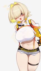 Rule 34 | 1girl, absurdres, ahoge, arms behind back, black gloves, blonde hair, blush, breasts, clothing cutout, crop top, cropped sweater, elegg (nikke), exposed pocket, gloves, goddess of victory: nikke, grey shorts, hair intakes, hair over eyes, highres, large breasts, long bangs, long sleeves, looking at viewer, micro shorts, multicolored clothes, multicolored gloves, multicolored hair, navel, open mouth, purple eyes, short hair, shorts, shoulder cutout, skindentation, solo, suspender shorts, suspenders, thigh gap, thigh strap, thighs, two-tone hair, yaza (@n9llam 9240), yellow gloves