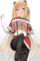 Rule 34 | 1girl, animal ear headphones, animal ears, azur lane, bell, black pantyhose, blonde hair, blush, breasts, capelet, cat ear headphones, closed mouth, concord (azur lane), concord (sweet christmas) (azur lane), elbow gloves, fake animal ears, feet, fur-trimmed capelet, fur-trimmed skirt, fur trim, gloves, gradient background, hair between eyes, headphones, highres, large breasts, leg up, licking lips, long hair, looking at viewer, mole, mole under eye, navel, noel (nnoelllll), pantyhose, red capelet, red eyes, red skirt, skirt, smile, solo, star-shaped pupils, star (symbol), suspenders, symbol-shaped pupils, thighs, tongue, tongue out, twintails, underboob, white background, white gloves
