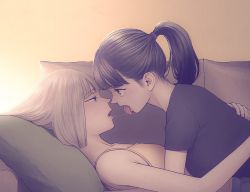 Rule 34 | 2girls, after kiss, aria (vampeerz), black hair, blonde hair, couch, eye contact, french kiss, hand on another&#039;s back, higashiyama shou, ichika (vampeerz), kiss, kiss day, light, looking at another, lying, multiple girls, ponytail, saliva, saliva trail, tongue, tongue out, upper body, vampeerz, yuri