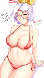 Rule 34 | 1girl, anisdrawn, bikini, blush, breasts, choker, closed eyes, closed mouth, english text, glasses, hair ornament, highres, large breasts, like and retweet, meme, navel, nintendo, purah, red bikini, red choker, round eyewear, sitting, smile, solo, stomach, strap gap, swimsuit, the legend of zelda, the legend of zelda: tears of the kingdom, thighs, twitter strip game (meme), white hair