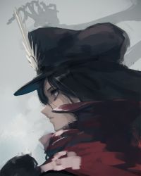 Rule 34 | 1girl, black hair, black hat, cape, commentary, fate (series), from side, hat, highres, koha-ace, oda nobunaga (fate), oda nobunaga (koha-ace), parted lips, peaked cap, profile, purple eyes, rean (r ean), red cape, solo, upper body