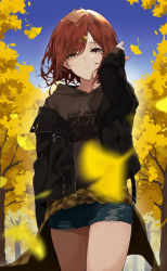 Rule 34 | 1girl, black jacket, blue sky, cowboy shot, expressionless, falling leaves, floating hair, ginkgo tree, ginkgo leaf, grey shirt, tucking hair, highres, higuchi madoka, idolmaster, idolmaster shiny colors, jacket, leaf, looking at viewer, open mouth, outdoors, red eyes, shirt, shorts, sky, solo, torn clothes, torn shorts, toto (kuro toto)