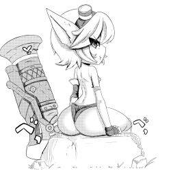 Rule 34 | 1girl, :t, akatosh el shota furro, annoyed, ass, asymmetrical sleeves, back, breasts, cannon, closed mouth, feet out of frame, female focus, fingerless gloves, from behind, gloves, goggles, goggles on head, highres, huge ass, league of legends, long ears, looking at viewer, looking back, monochrome, nipples, no bra, on rock, outdoors, panties, pointy ears, rock, short hair, shortstack, sitting, small breasts, solo, thighs, topless, tristana, underwear, weapon, yordle