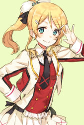 Rule 34 | 10s, 1girl, ayase eli, blonde hair, blue eyes, hair ornament, hairclip, hand on own hip, looking at viewer, love live!, love live! school idol project, midorikawa you, necktie, ponytail, sketch, smile, solo, sore wa bokutachi no kiseki, yellow background