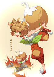 Rule 34 | 1girl, animal ear fluff, animal ears, bangle, bracelet, brown hair, fox ears, fox tail, green eyes, highres, jewelry, looking at viewer, multiple views, open mouth, pants, red footwear, red pants, ruoshui (the legend of luoxiaohei), shoes, short hair, sleeveless, suncle, tail, luo xiaohei zhanji, twitter username, yellow background