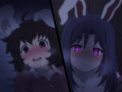 Rule 34 | 2girls, animal ear fluff, animal ears, blush, breasts, brown hair, cleavage, collarbone, commentary request, female pov, glowing, glowing eyes, heavy breathing, inaba tewi, indoors, long hair, multiple girls, nose blush, open mouth, pajamas, pov, purple eyes, purple hair, rabbit ears, red eyes, reisen udongein inaba, sexually suggestive, shirosato, short hair, smile, sweat, teeth, touhou, upper teeth only, yuri
