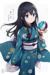 Rule 34 | 1girl, ball, black hair, blue eyes, blue kimono, breasts, closed mouth, commentary request, floral print, grey background, hair between eyes, hair ornament, hairclip, hand up, highres, holding, holding ball, japanese clothes, kimono, long hair, looking at viewer, obi, print kimono, ragho no erika, sash, small breasts, smile, solo, sukurizo!, translation request, tsubakiyama sou, two-tone background, very long hair, white background