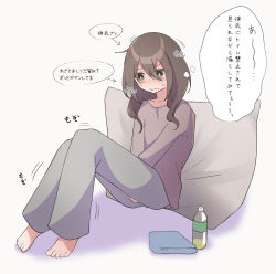 Rule 34 | 1girl, arrow (symbol), barefoot, between legs, bottle, bright pupils, brown eyes, brown hair, brown shirt, closed mouth, cloth, collarbone, feet, female focus, flat chest, full body, grey pants, hair between eyes, hand between legs, have to pee, japanese text, knees up, legs together, long hair, long sleeves, matching hair/eyes, motion lines, original, pants, pillow, shirt, sidelocks, simple background, sitting, solo, sweat, thought bubble, translation request, v arms, watakarashi, wavy mouth, white background, white pupils
