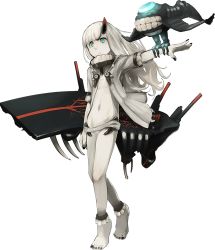 Rule 34 | 1girl, abyssal patrolling attack hawk, abyssal ship, animal on arm, aqua eyes, barefoot, bird, bird on arm, black nails, closed mouth, colored skin, flat chest, flight deck, full body, german escort princess, horns, jacket, kantai collection, long hair, nail polish, official art, oni horns, open clothes, open jacket, outstretched arm, shibafu (glock23), single horn, solo, teeth, toenail polish, toenails, transparent background, turret, white hair, white jacket, white skin