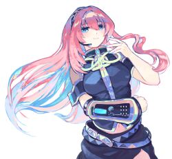 Rule 34 | 1girl, absurdres, aqua nails, beekan, belt, black skirt, black vest, blue eyes, breasts, closed mouth, commentary request, detached sleeves, gold trim, hair between eyes, hand up, headset, high collar, highres, large breasts, light blush, long hair, looking at viewer, megurine luka, midriff peek, navel, pink hair, side slit, single detached sleeve, skirt, smile, solo, upper body, vest, vocaloid, white background