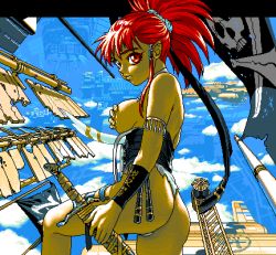 Rule 34 | 1girl, 4bpp, breasts, colored skin, game cg, lowres, outdoors, pirate, pixel art, red eyes, scenery, sky, solo, yellow skin