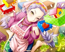 Rule 34 | 1girl, apron, barefoot, box, braid, bread, breasts, brown eyes, cell (card game), clover, english text, feet, food, gift, hairband, heart, house, indoors, jewelry, kneeling, large breasts, long hair, looking up, necklace, one eye closed, purple hair, ribbed sweater, soles, solo, sweater, toes, twin braids, very long hair, zenzai, zenzai (zenzaio72)