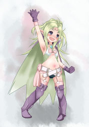 Rule 34 | 1girl, armpits, blush, boots, bow, child, eyebrows, fire emblem, fire emblem awakening, flat chest, full body, fund (fund tardis), gloves, green hair, long hair, navel, nintendo, nowi (fire emblem), open mouth, pointy ears, purple eyes, raising hand, smile, solo, standing