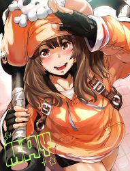 Rule 34 | 1girl, absurdres, anchor, artist name, bike shorts, brown eyes, brown hair, character name, dated, fingerless gloves, from above, gloves, guilty gear, guilty gear strive, hair between eyes, hat, hero neisan, highres, holding, holding weapon, hood, hoodie, looking at viewer, may (guilty gear), open mouth, skull, smile, solo, thighs, weapon