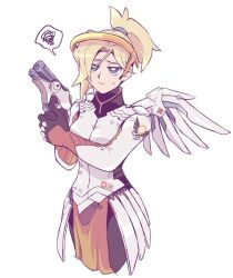 Rule 34 | 1girl, black gloves, blonde hair, blue eyes, bodysuit, breasts, gloves, gun, halo, handgun, high ponytail, holding, holding gun, holding weapon, knees out of frame, mechanical halo, mechanical wings, mercy (overwatch), overwatch, overwatch (logo), ponytail, rokkoron, solo, sweat, weapon, wings