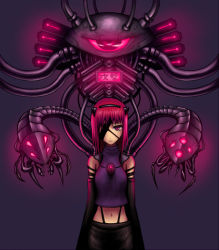Rule 34 | 1girl, bad id, bad pixiv id, bug, elbow gloves, eyepatch, gia, gloves, bug, long hair, midriff, pink eyes, pink hair, robot, science fiction, solo
