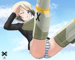 Rule 34 | 1girl, absurdres, acrux, ass, blonde hair, blue eyes, blue stripes, blush, crotch, erica hartmann, flying, highres, looking at viewer, military, military uniform, one eye closed, outdoors, panties, salute, short hair, sky, smile, solo, strike witches, striker unit, striped clothes, striped panties, tongue, tongue out, underwear, uniform, white stripes, world witches series
