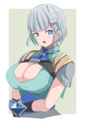 Rule 34 | 1girl, artist name, blue eyes, blue gloves, braid, breasts, bright pupils, character request, cleavage, cleavage cutout, clothing cutout, commentary, copyright request, dated, gloves, green background, grey hair, hair ornament, hairclip, highres, kichihachi, large breasts, looking at viewer, open mouth, seolla schweizer, short hair, simple background, single braid, solo, super robot wars, super robot wars original generation, two-tone background, upper body, white background, white pupils