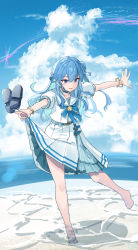 Rule 34 | 1girl, absurdres, aqua skirt, barefoot, beach, belt, black footwear, blue belt, blue bow, blue eyes, blue hair, blue sky, bow, bracelet, clothes lift, cloud, cloudy sky, commentary request, frilled sleeves, frills, full body, hair ribbon, highres, hololive, hoshimachi suisei, hoshimachi suisei (school uniform), jewelry, legs, loafers, multicolored clothes, multicolored skirt, open mouth, outdoors, pleated skirt, ribbon, sailor collar, shirt, shoes, unworn shoes, short sleeves, skirt, skirt lift, sky, solo, standing, standing on one leg, star (symbol), virtual youtuber, wading, water, white shirt, yuuzuki (re&#039;ef)