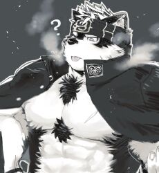 Rule 34 | 1boy, :p, ?, abs, ainu clothes, animal ears, bara, bare pectorals, breath, furry, furry male, gakuran, headband, horkeu kamui, jacket, jacket on shoulders, large pectorals, looking down, male focus, mature male, muscular, muscular male, pectorals, po fu, scar, scar on chest, school uniform, short hair, snowing, solo, tokyo houkago summoners, tongue, tongue out, two-tone fur, upper body, wolf boy, wolf ears