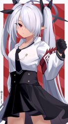 Rule 34 | 1girl, black gloves, black necktie, black ribbon, black skirt, blue archive, clenched hand, collarbone, gloves, hair over one eye, hair ribbon, halo, highres, iori (blue archive), long hair, long sleeves, looking at viewer, necktie, red eyes, ribbon, shirt, skirt, solo, thighs, twintails, twitter username, two-tone background, white background, white hair, white shirt, yun (kbdenz9)
