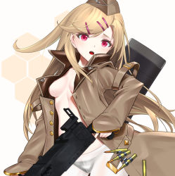 Rule 34 | 1girl, ammunition, ammunition belt, black panties, blonde hair, breasts, brown hat, brown jacket, browning m1919, bullet, girls&#039; frontline, gun, hair ornament, hairclip, hat, holding, holding gun, holding weapon, ingerdoll, jacket, long hair, looking at viewer, m1919a4 (girls&#039; frontline), machine gun, medium machine gun, military hat, no bra, open clothes, open jacket, open mouth, panties, panties under pantyhose, pantyhose, purple eyes, shell casing, simple background, small breasts, solo, underwear, upper body, weapon, weapon case, white pantyhose