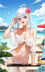 Rule 34 | 1girl, ahoge, ball, beach, beach umbrella, bikini, bird, blue eyes, blue sky, breasts, chair, character request, chinese commentary, cloud, copyright request, cowboy shot, creature, day, flower, hair flower, hair ornament, heart, heart ahoge, heart in eye, highres, jewelry, large breasts, light blush, long hair, looking at viewer, lounge chair, mole, mole on breast, mole under eye, mountainous horizon, multi-strapped bikini bottom, navel, necklace, open mouth, outdoors, plant, pointy ears, red flower, see-through bikini, side-tie bikini bottom, sky, smile, solo, swimsuit, symbol in eye, ta03545, teeth, tucking hair, umbrella, upper teeth only, virtual youtuber, water, wet, wet face, white bikini, white hair, yellow flower