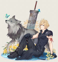 Rule 34 | 1boy, animal, arm ribbon, arm support, armor, belt, black gloves, black pants, black shirt, blonde hair, blouse, blue butterfly, blue eyes, bug, buster sword, butterfly, cloud strife, dated, earrings, final fantasy, final fantasy vii, final fantasy vii advent children, flower, from side, full body, gloves, goggles, unworn goggles, hand on own knee, highres, insect, jewelry, knee up, male focus, multiple belts, ohse, pants, parted lips, planted, planted sword, planted weapon, red ribbon, ribbon, shirt, shoulder armor, signature, sitting, smile, spiked hair, stud earrings, sword, weapon, white flower, wolf, yellow flower